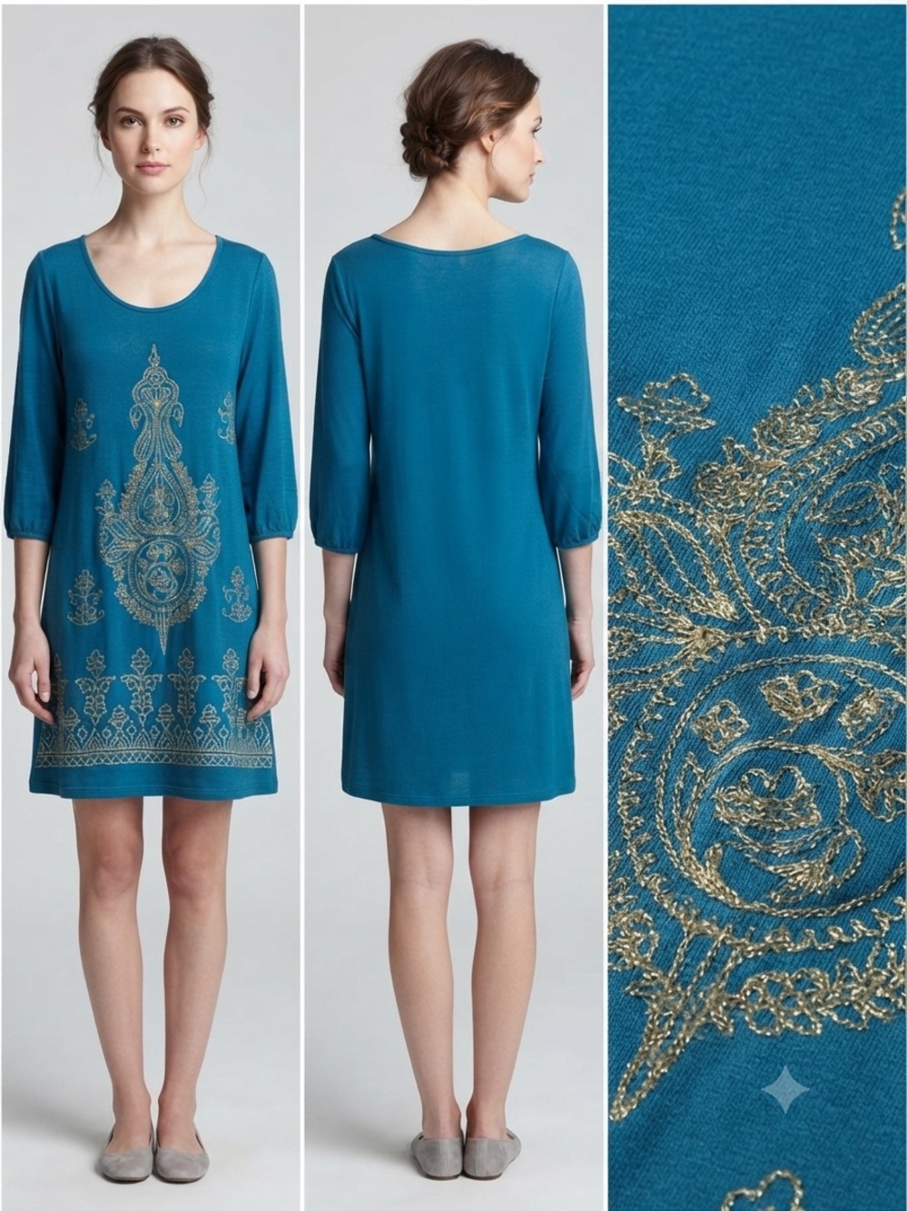 cha cha vente Teal Mini Dress with Gold Embroidery